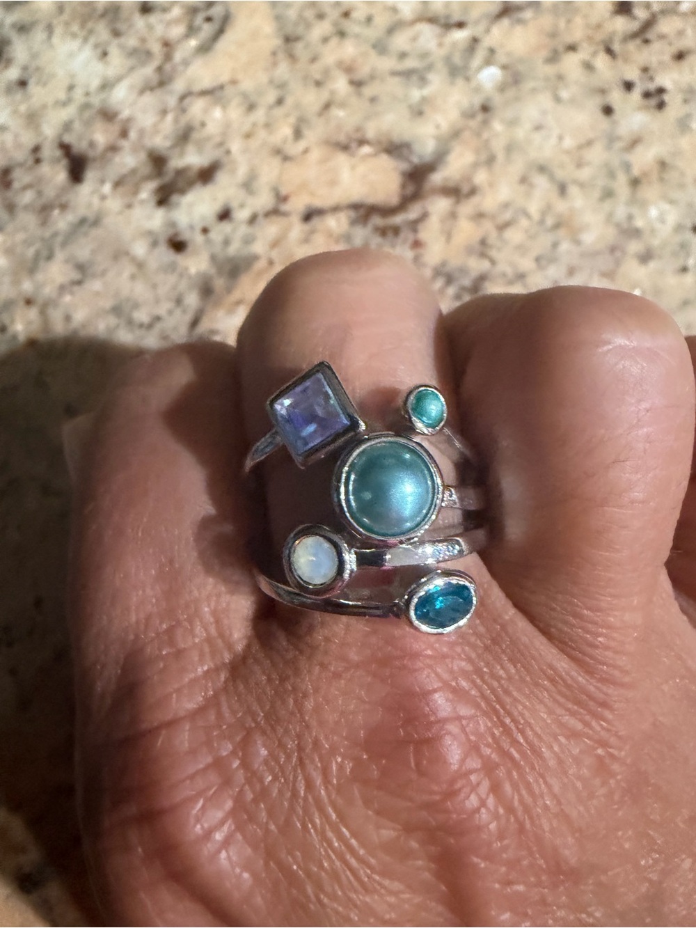 Silver Blue & Teal Multi-Gem Ring